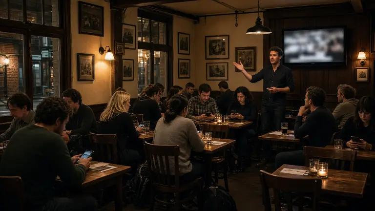 Gasten in een café doen mee aan een pubquiz op hun telefoon, de host staat bij het scherm.