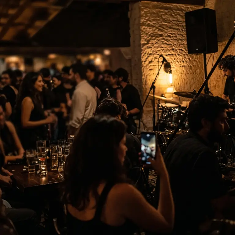 Een volle cafézaal tijdens een muzikale avond.
