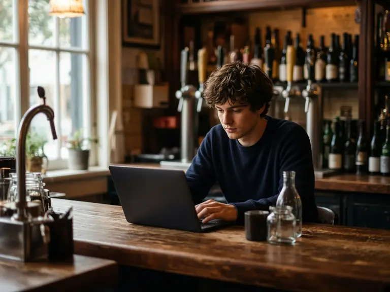 Achter de bar een quiz voorbereiden op een laptop.